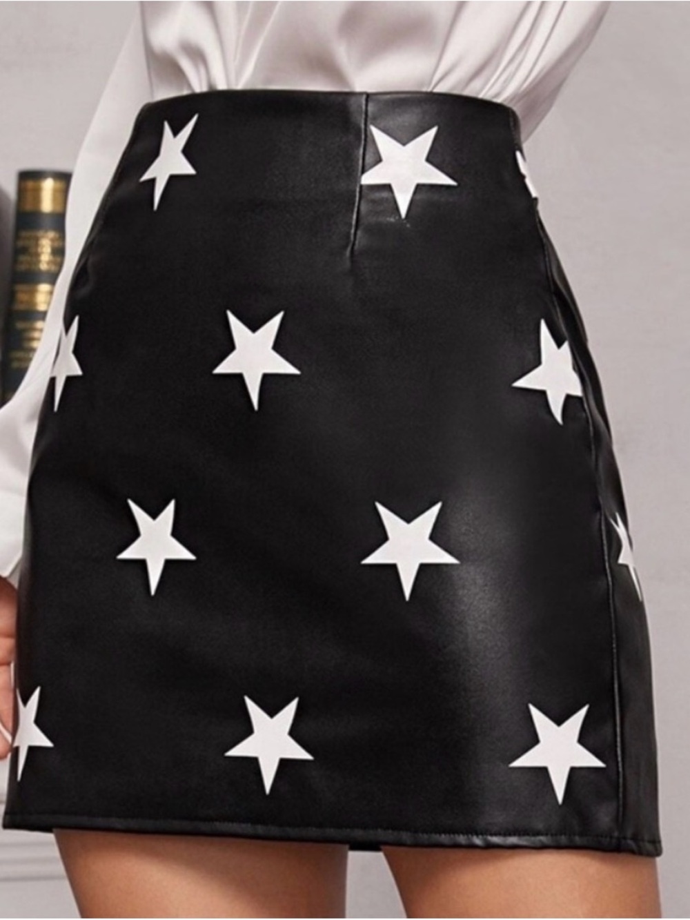 Nasty Gal Black Faux Leather Mini Skirt with White Star Print